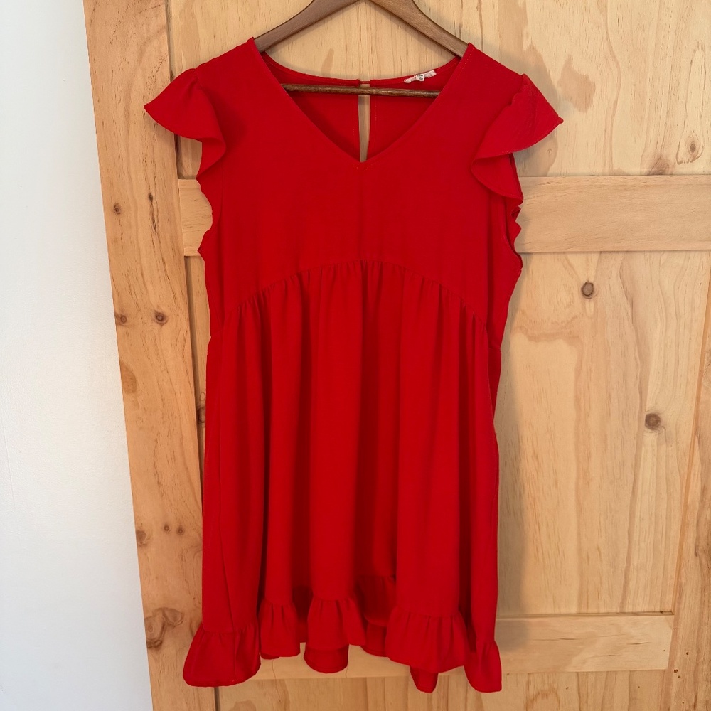 Red Babydoll Dress with ruffle hem and sleeves - Picture 3 of 5